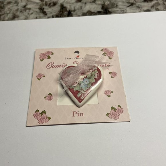 NWT Papel Giftware Brooch Pin Pink / White Heart with Ribbon - Coming Up Roses - Picture 5 of 6
